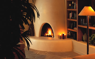 New Mexico adobe fireplace